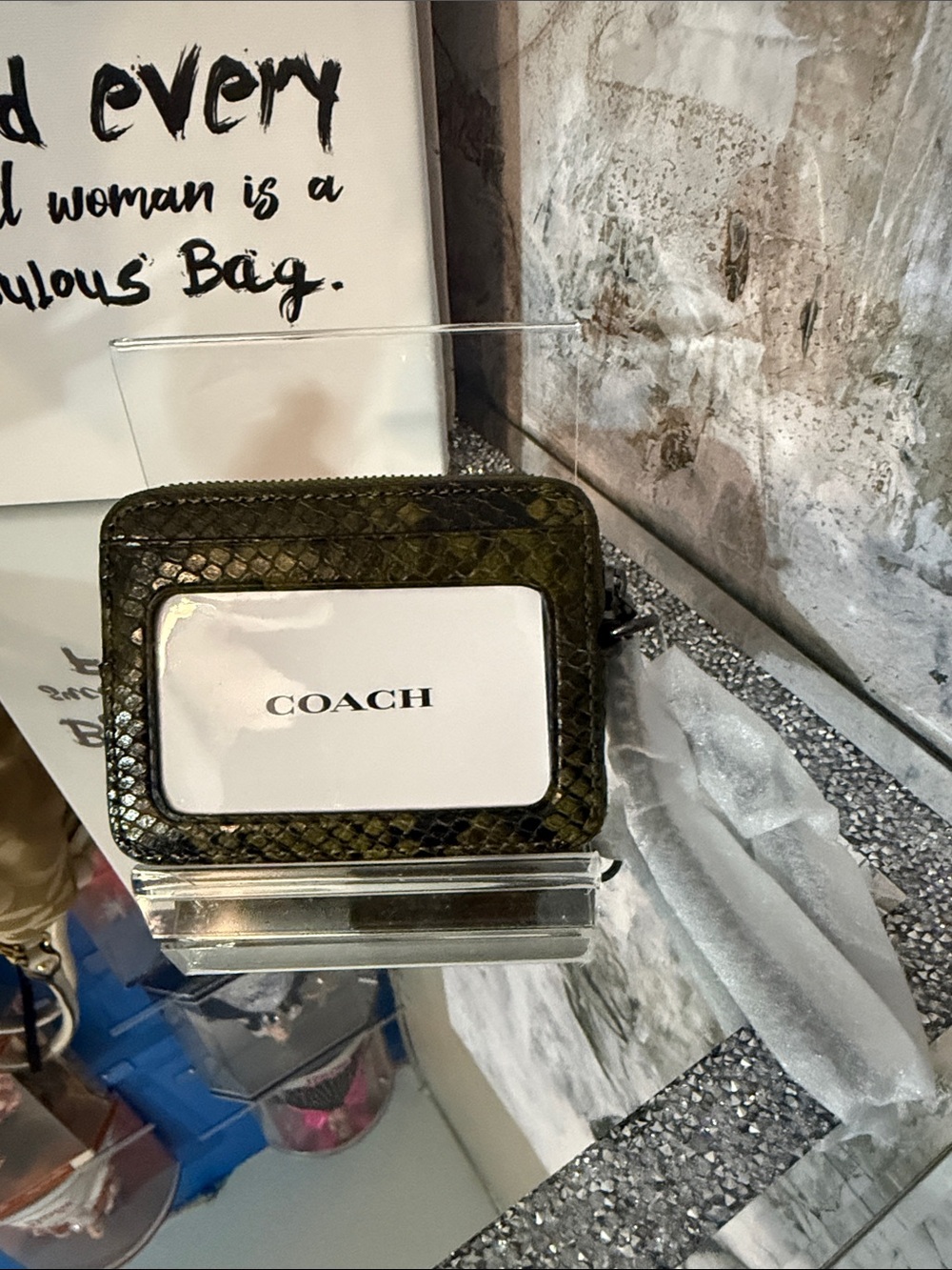 COACH Olive Snake-Embossed Leather ID Wallet with Clear Window